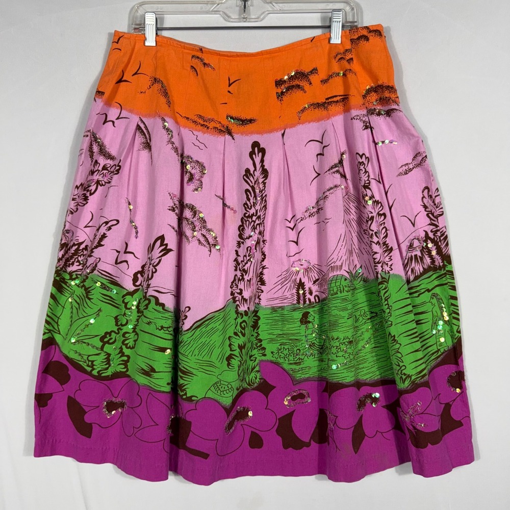 Vtg Y2K Bisou Bisou Michele Bohbot Sequin Landscape Print Skirt Pink 12 Tropical
